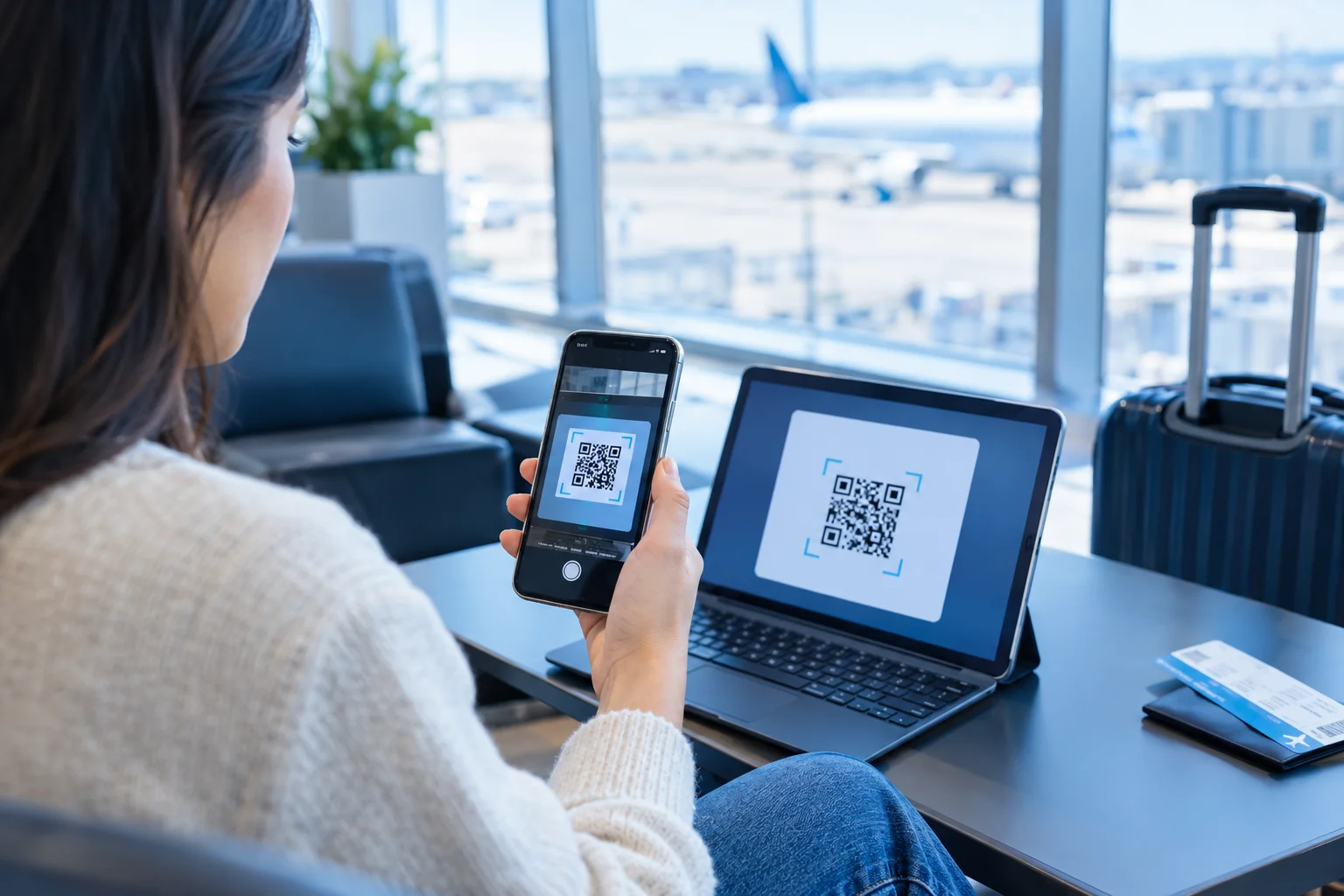 Traveller scanning an eSIM QR code on a smartphone to install a travel data plan